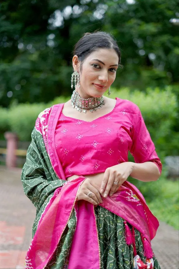 Bottle_Green_Dola_Silk_Lehenga_Choli_With_Pink_Blouse_Bandhej_Ajarakh_Print_Wedding_Festive_Wear
