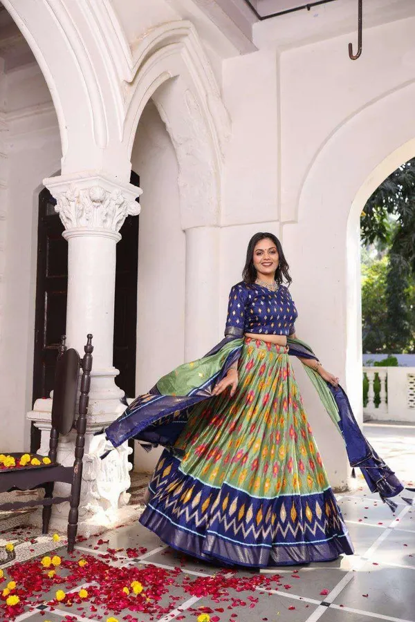 Olive_Green_Dola_Silk_Lehenga_Choli_With_Blue_Blouse_Patola_Print_Foil_Work_Wedding_Festive_Wear