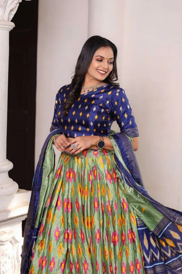 Olive_Green_Dola_Silk_Lehenga_Choli_With_Blue_Blouse_Patola_Print_Foil_Work_Wedding_Festive_Wear