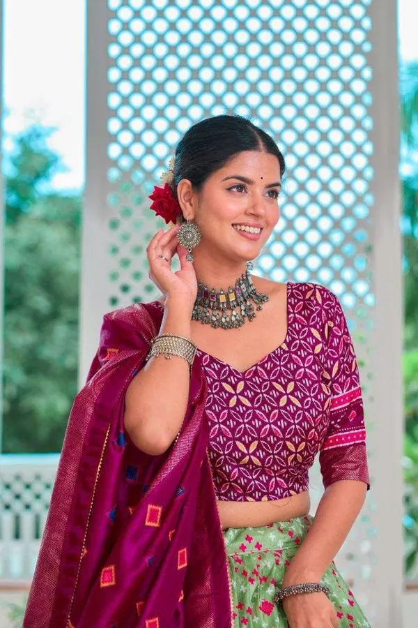 Light_Green_Tussar_Silk_Lehenga_Choli_With_Maroon_Blouse_Minakari_Foil_Print_Wedding_Festive_Wear