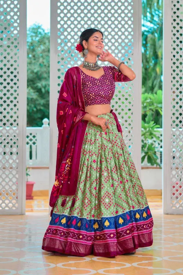 Light_Green_Tussar_Silk_Lehenga_Choli_With_Maroon_Blouse_Minakari_Foil_Print_Wedding_Festive_Wear