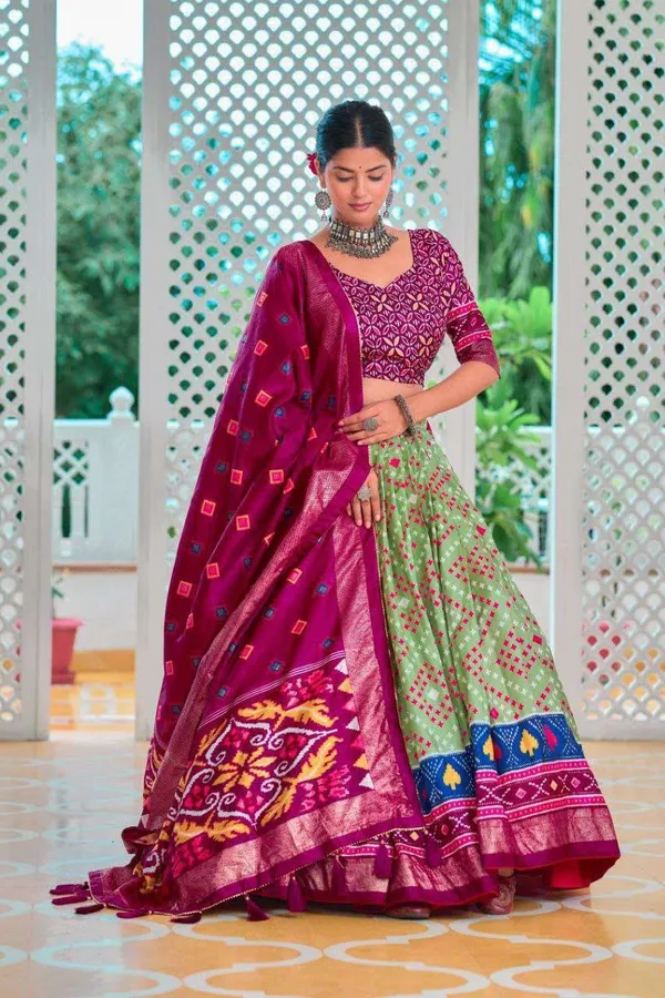 Light_Green_Tussar_Silk_Lehenga_Choli_With_Maroon_Blouse_Minakari_Foil_Print_Wedding_Festive_Wear