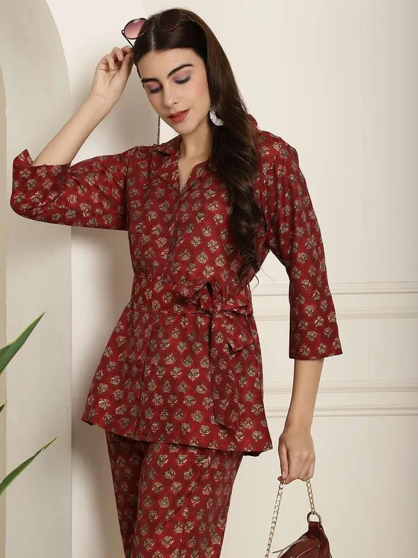 Women_S_Pure_Cotton_Printed_Collared_Top_And_Pant_Co_Ord_Set_Maroon