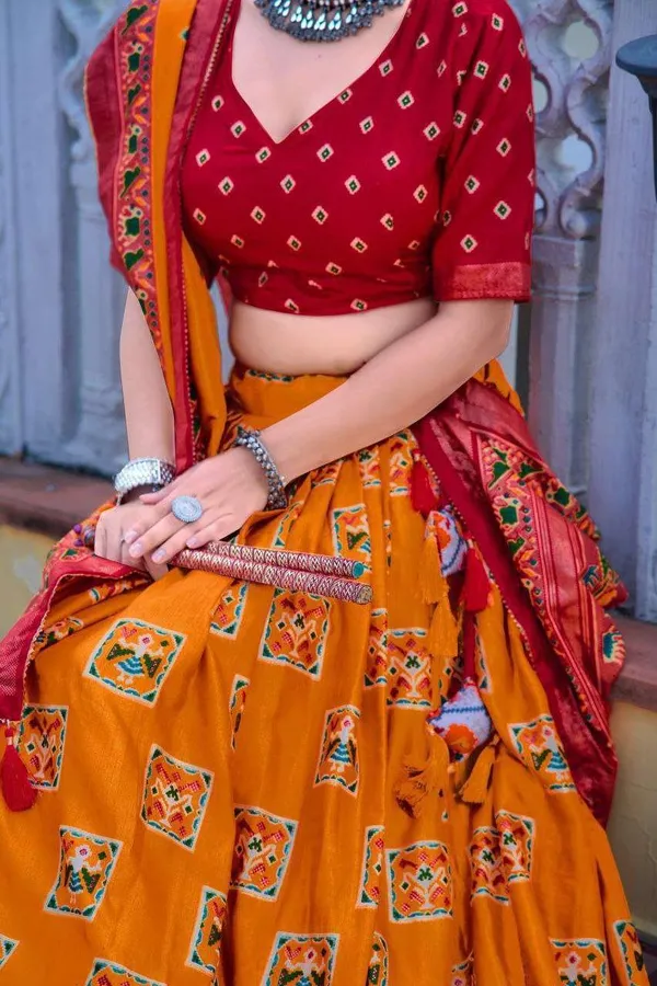 Orange_Tussar_Silk_Lehenga_Choli_With_Red_Blouse_Bandhani_Peacock_Foil_Print_Wedding_Festive_Wear