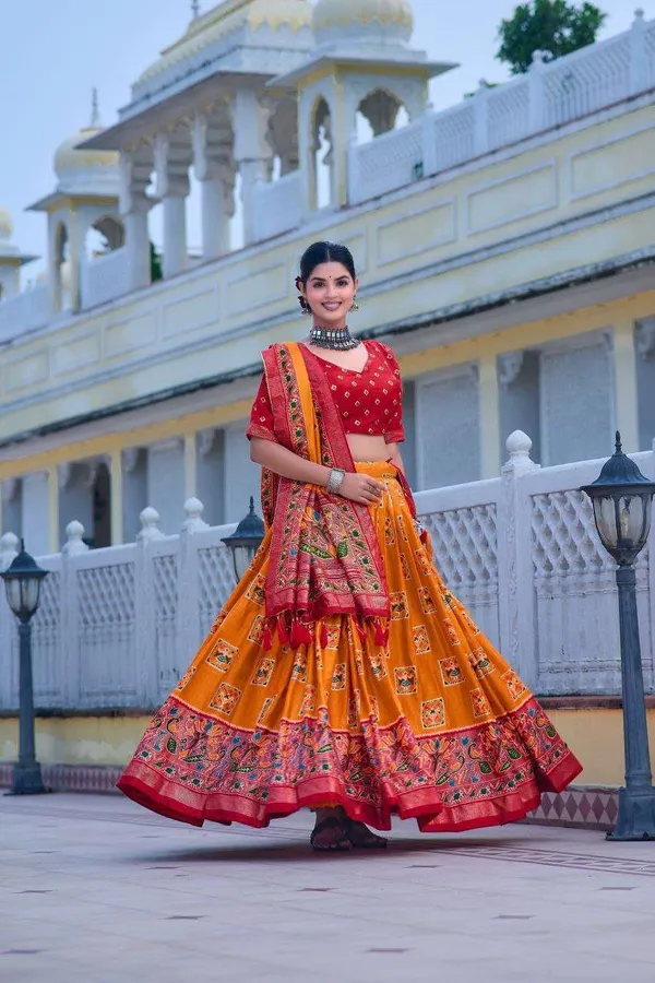Orange_Tussar_Silk_Lehenga_Choli_With_Red_Blouse_Bandhani_Peacock_Foil_Print_Wedding_Festive_Wear