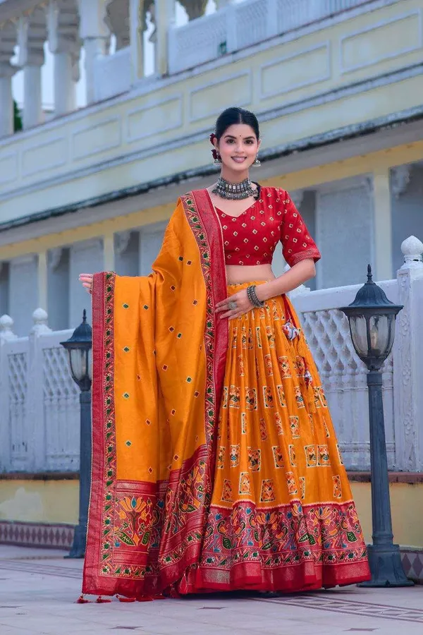 Orange_Tussar_Silk_Lehenga_Choli_With_Red_Blouse_Bandhani_Peacock_Foil_Print_Wedding_Festive_Wear