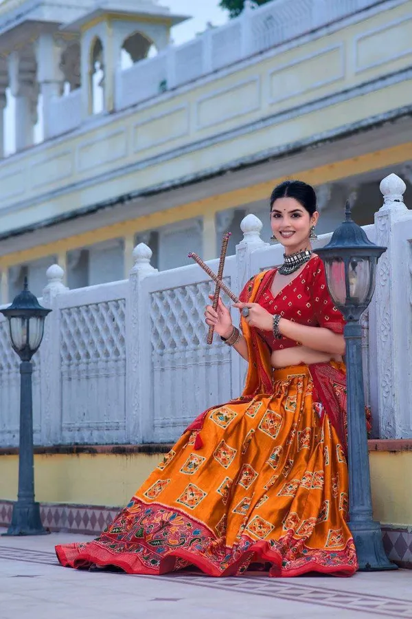 Orange_Tussar_Silk_Lehenga_Choli_With_Red_Blouse_Bandhani_Peacock_Foil_Print_Wedding_Festive_Wear