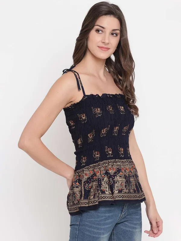 Women_S_Rayon_Elephant_Print_Casual_Summer_Style_Tie_Shoulder_Straps_Free_Size_Tank_Top_Navy_Blue_Gold_Pattern