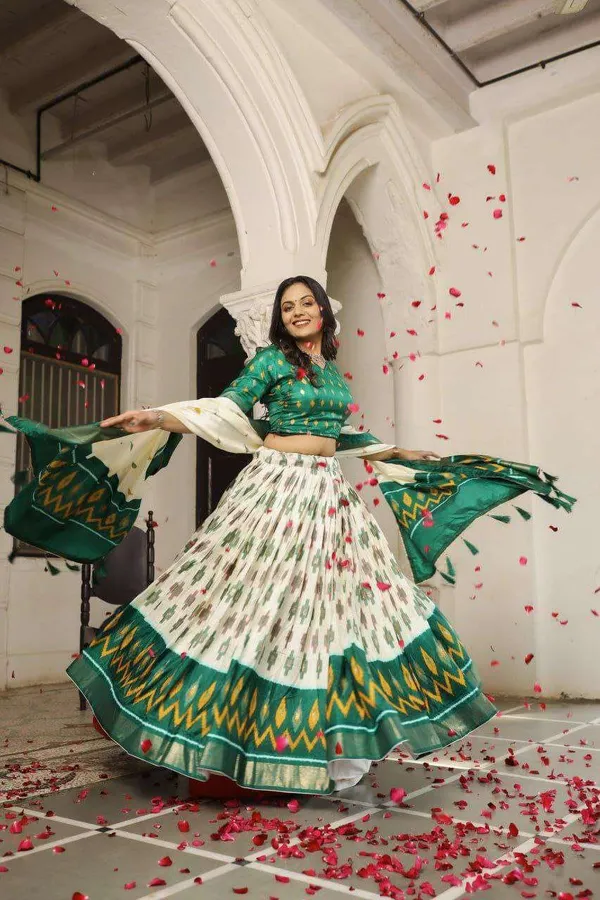 White_Dola_Silk_Lehenga_Choli_With_Bottle_Green_Blouse_Patola_Print_Foil_Work_Wedding_Festive_Wear