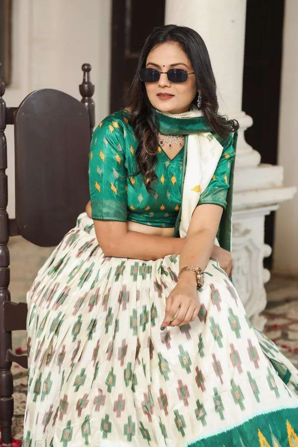 White_Dola_Silk_Lehenga_Choli_With_Bottle_Green_Blouse_Patola_Print_Foil_Work_Wedding_Festive_Wear