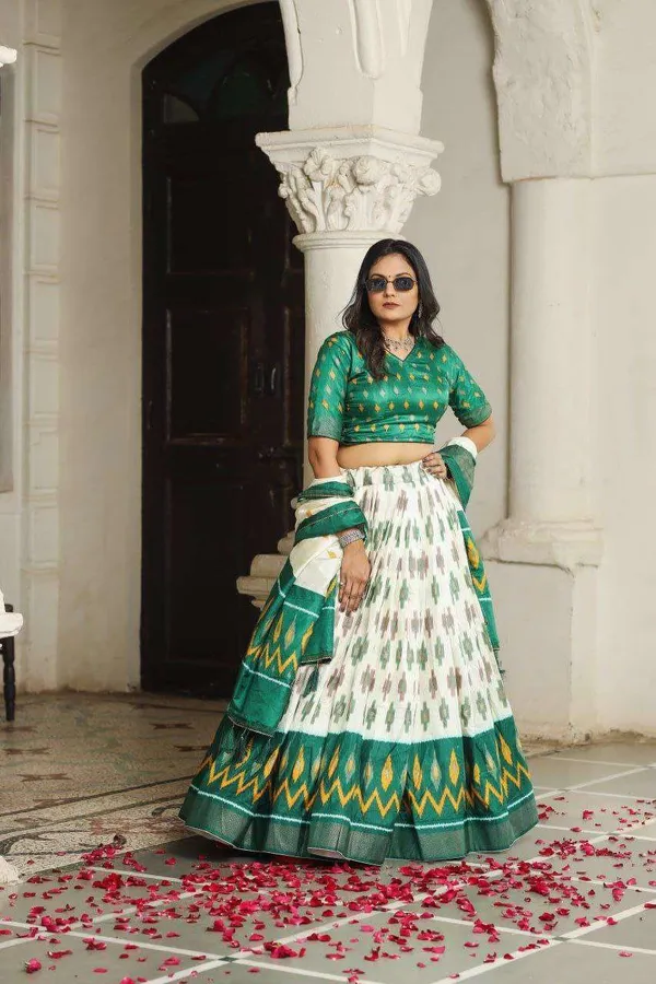 White_Dola_Silk_Lehenga_Choli_With_Bottle_Green_Blouse_Patola_Print_Foil_Work_Wedding_Festive_Wear