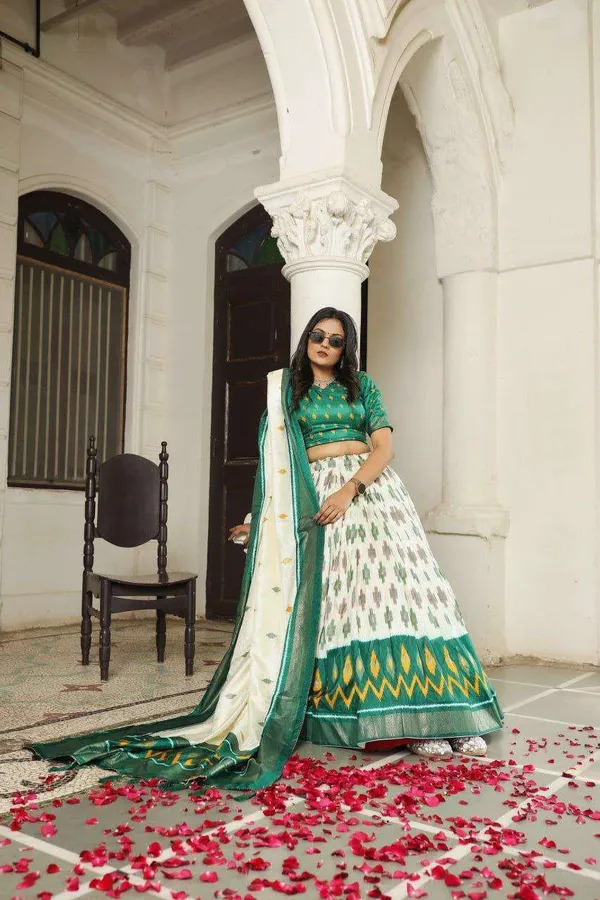 White_Dola_Silk_Lehenga_Choli_With_Bottle_Green_Blouse_Patola_Print_Foil_Work_Wedding_Festive_Wear