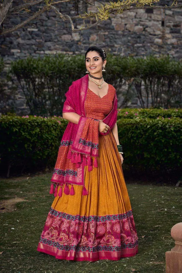 Red_Tussar_Silk_Lehenga_Choli_With_Yellow_Blouse_Floral_Foil_Print_Wedding_Festive_Wear