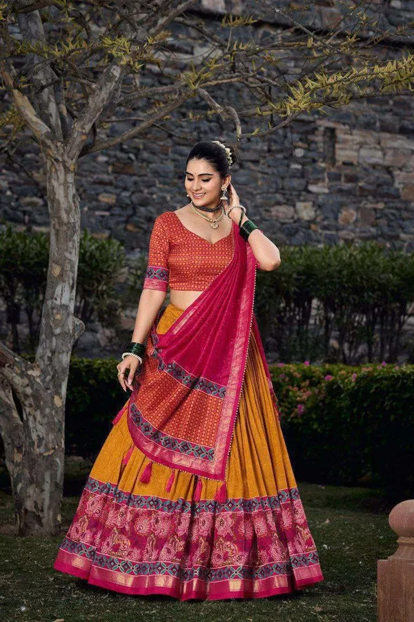 Red_Tussar_Silk_Lehenga_Choli_With_Yellow_Blouse_Floral_Foil_Print_Wedding_Festive_Wear