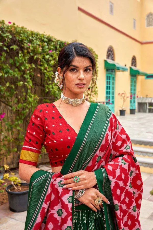 Green_Dola_Silk_Lehenga_Choli_With_Red_Blouse_Patola_Print_Foil_Work_Wedding_Festive_Wear