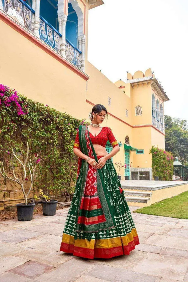 Green_Dola_Silk_Lehenga_Choli_With_Red_Blouse_Patola_Print_Foil_Work_Wedding_Festive_Wear
