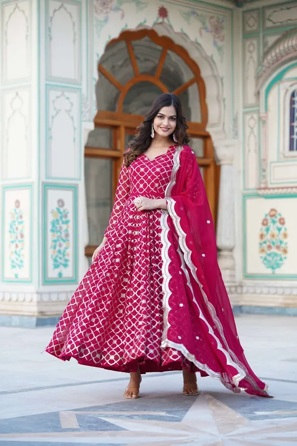 Pink_Faux_Blooming_Designer_Gown_With_Sequined_Dupatta_Elegant_Fully_Flared_Party_Wedding_Set