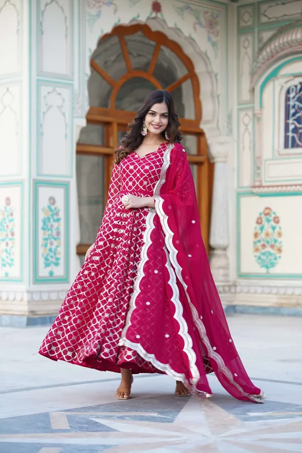 Pink_Faux_Blooming_Designer_Gown_With_Sequined_Dupatta_Elegant_Fully_Flared_Party_Wedding_Set