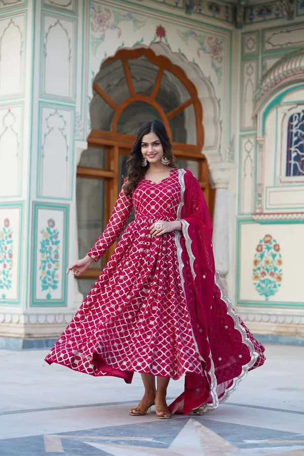 Pink_Faux_Blooming_Designer_Gown_With_Sequined_Dupatta_Elegant_Fully_Flared_Party_Wedding_Set