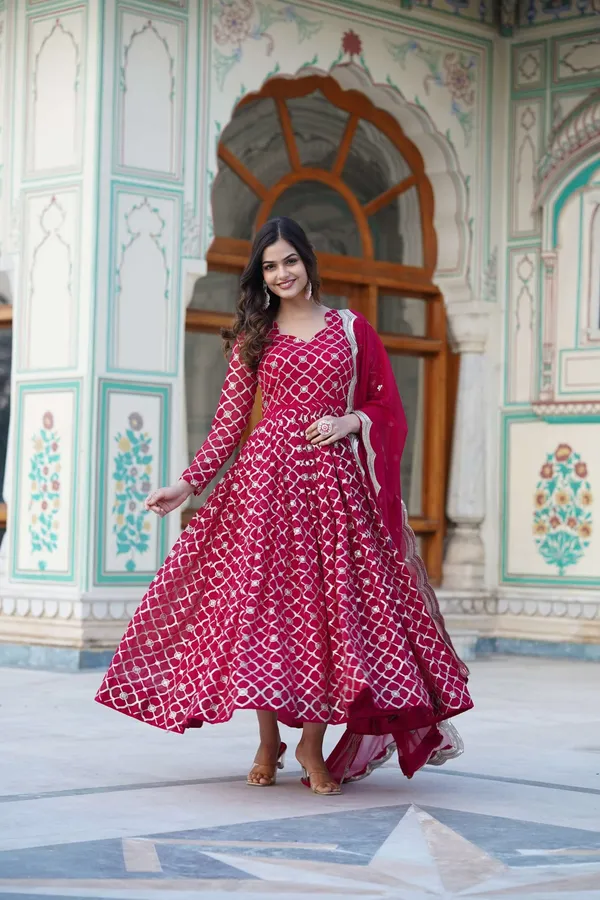 Pink_Faux_Blooming_Designer_Gown_With_Sequined_Dupatta_Elegant_Fully_Flared_Party_Wedding_Set