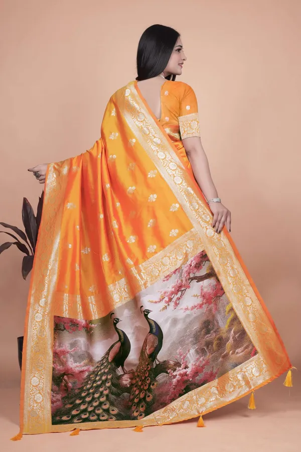 Radiant_Orange_Silk_Saree_With_Golden_Zari_Peacock_Pallu_Festive_Wedding_Traditional_Wear