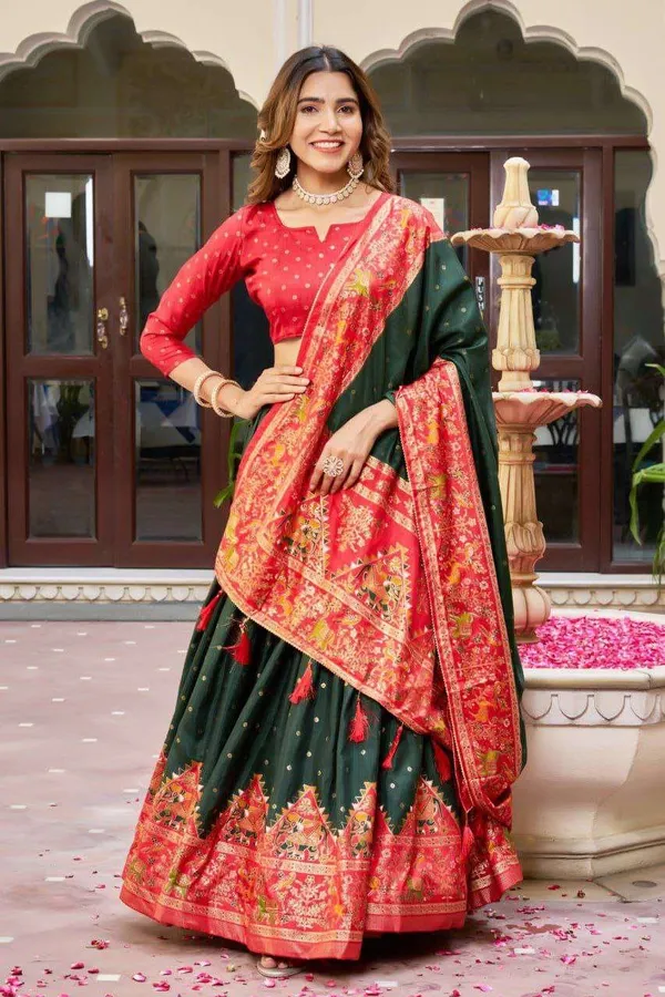 Dark_Green_Dola_Silk_Lehenga_Choli_With_Red_Blouse_Bandhej_Ajarakh_Print_Wedding_Festive_Wear