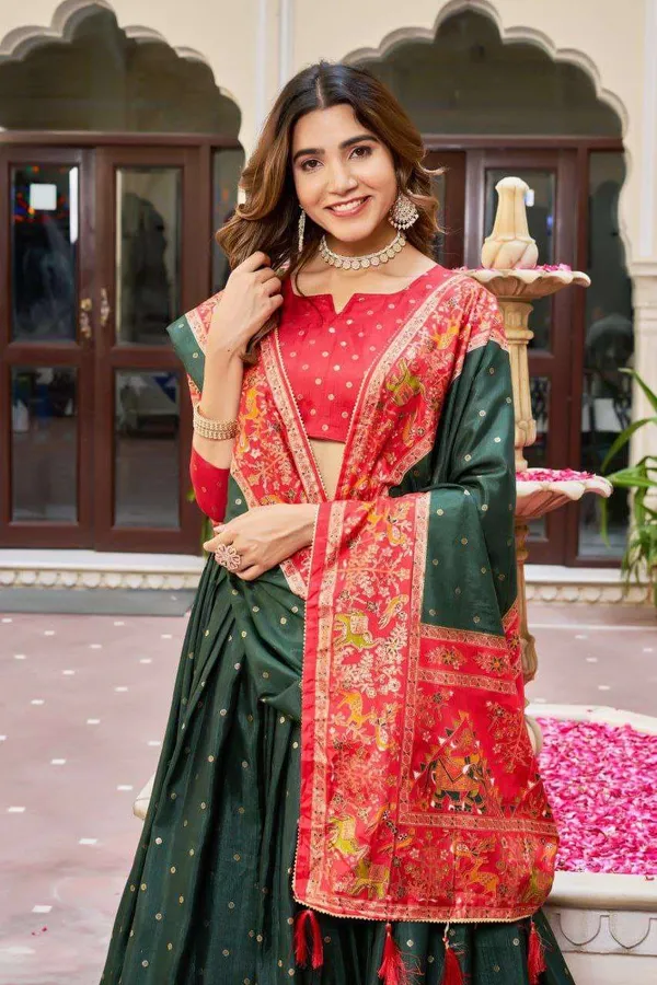 Dark_Green_Dola_Silk_Lehenga_Choli_With_Red_Blouse_Bandhej_Ajarakh_Print_Wedding_Festive_Wear