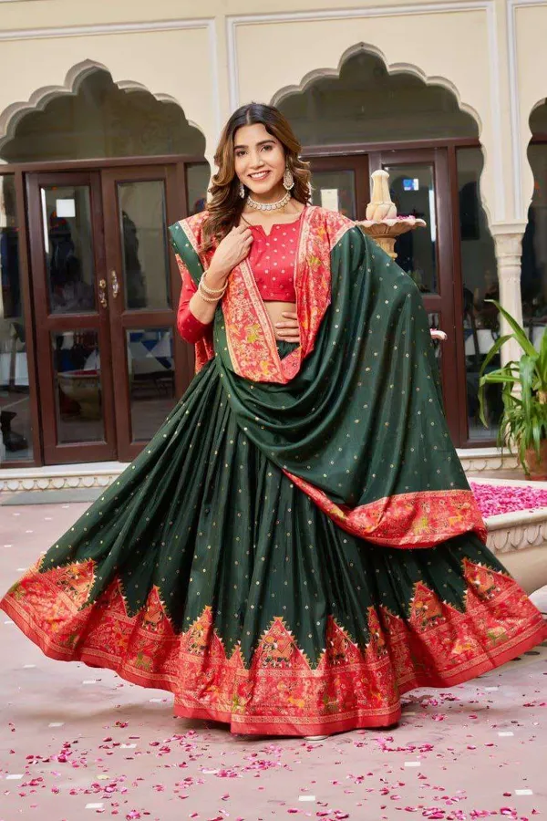 Dark_Green_Dola_Silk_Lehenga_Choli_With_Red_Blouse_Bandhej_Ajarakh_Print_Wedding_Festive_Wear
