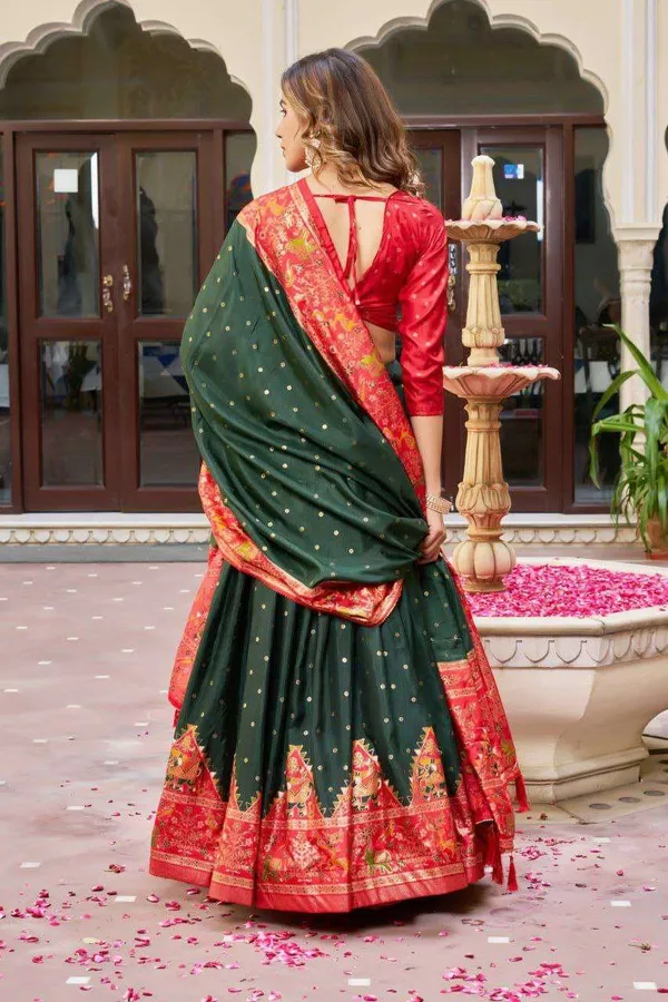 Dark_Green_Dola_Silk_Lehenga_Choli_With_Red_Blouse_Bandhej_Ajarakh_Print_Wedding_Festive_Wear