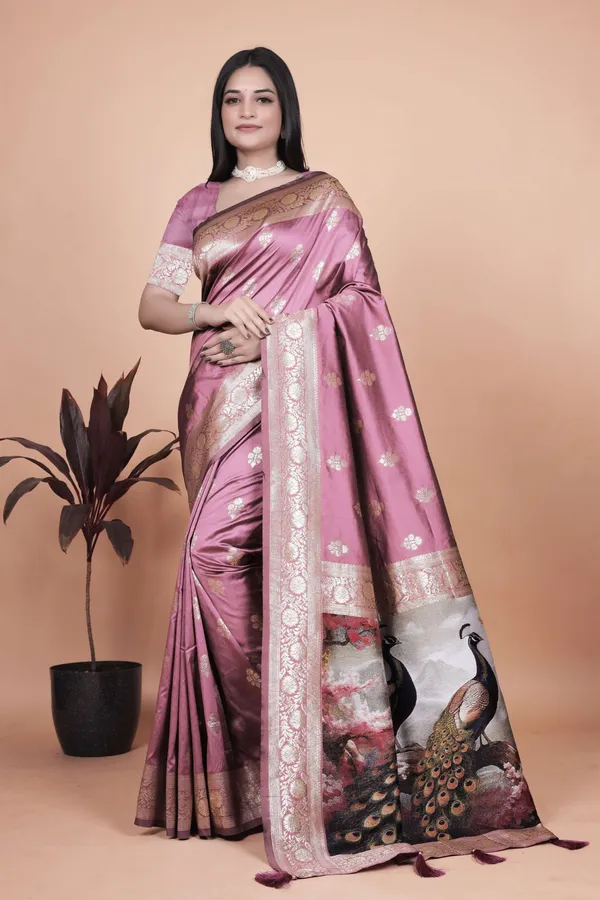Rosewood_Pink_Banarasi_Silk_Saree_With_Golden_Zari_Peacock_Pallu_Wedding_Festive_Traditional_Wear