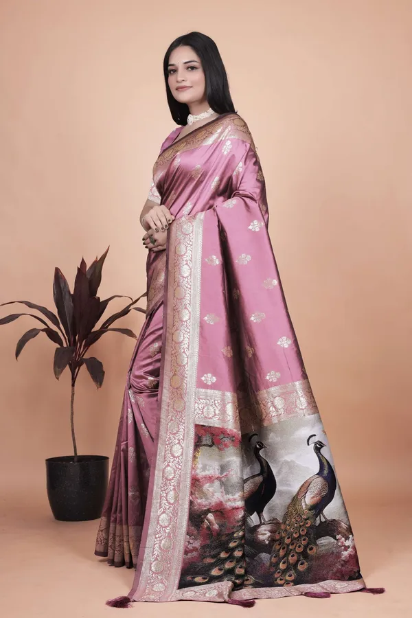 Rosewood_Pink_Banarasi_Silk_Saree_With_Golden_Zari_Peacock_Pallu_Wedding_Festive_Traditional_Wear