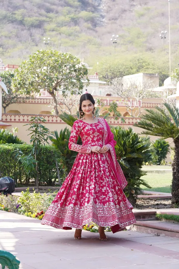 Pink_Viscose_Dyable_Jacquard_Gown_With_Russian_Silk_Sequined_Dupatta_Elegant_Party_Wedding_Set