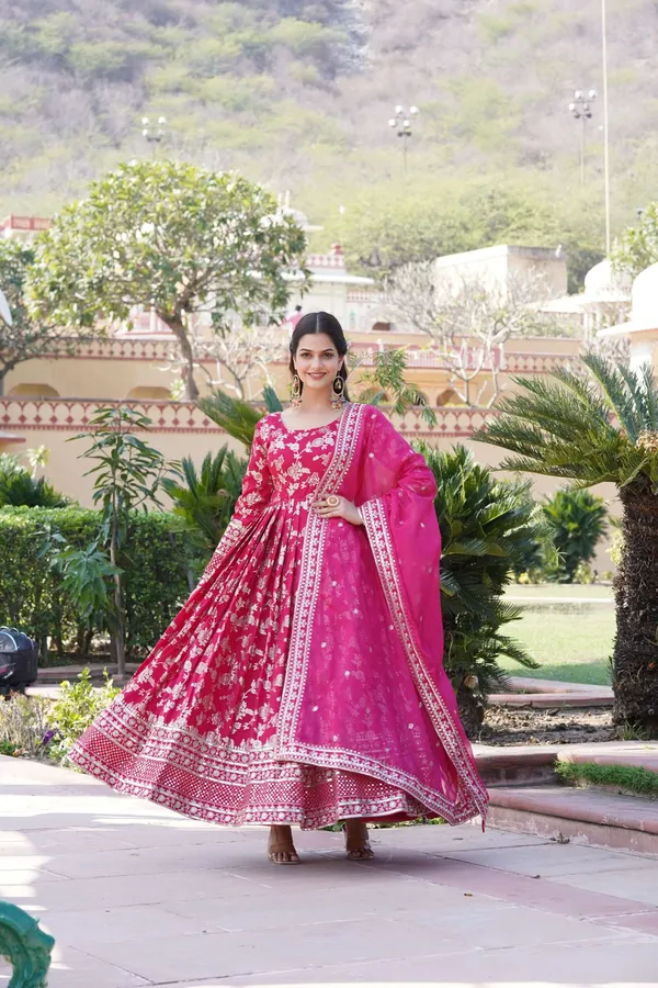 Pink_Viscose_Dyable_Jacquard_Gown_With_Russian_Silk_Sequined_Dupatta_Elegant_Party_Wedding_Set