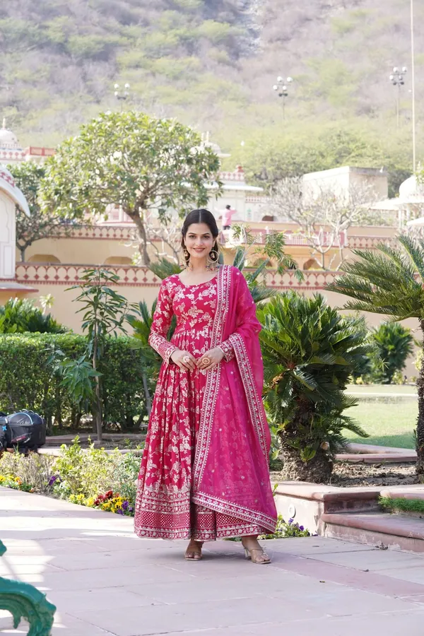 Pink_Viscose_Dyable_Jacquard_Gown_With_Russian_Silk_Sequined_Dupatta_Elegant_Party_Wedding_Set
