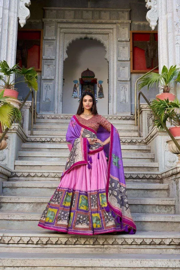 Purple_Tussar_Silk_Lehenga_Choli_With_Baby_Pink_Blouse_Kalamkari_Foil_Work_Wedding_Festive_Wear