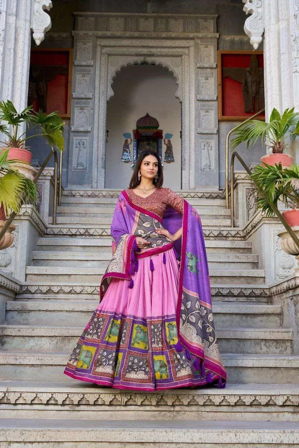 Purple_Tussar_Silk_Lehenga_Choli_With_Baby_Pink_Blouse_Kalamkari_Foil_Work_Wedding_Festive_Wear