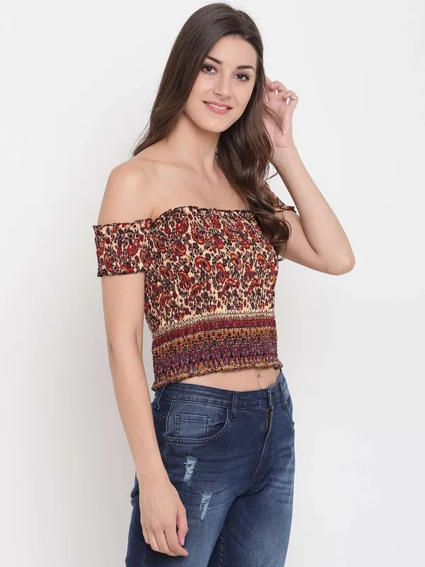 Women_S_Rayon_Printed_Off_Shoulder_Smocked_Crop_Top_Short_Sleeve_Casual_Styles_Tank_Top_Free_Size_Multi3
