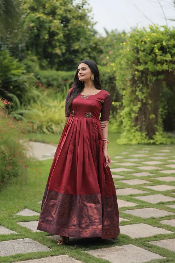 Maroon_Banarasi_Jacquard_Silk_Gown_Elegant_Free_Size_Designer_Party_Wedding_Wear