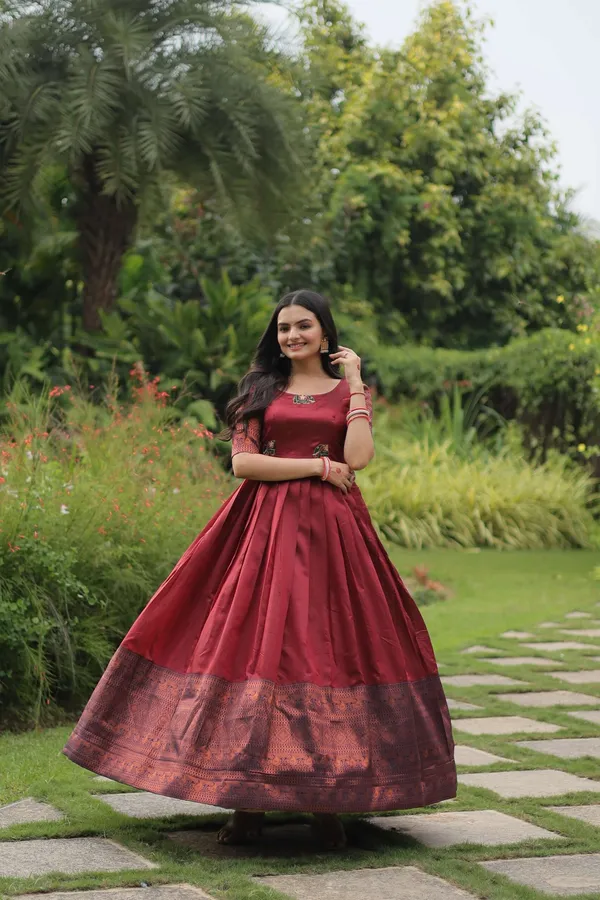 Maroon_Banarasi_Jacquard_Silk_Gown_Elegant_Free_Size_Designer_Party_Wedding_Wear