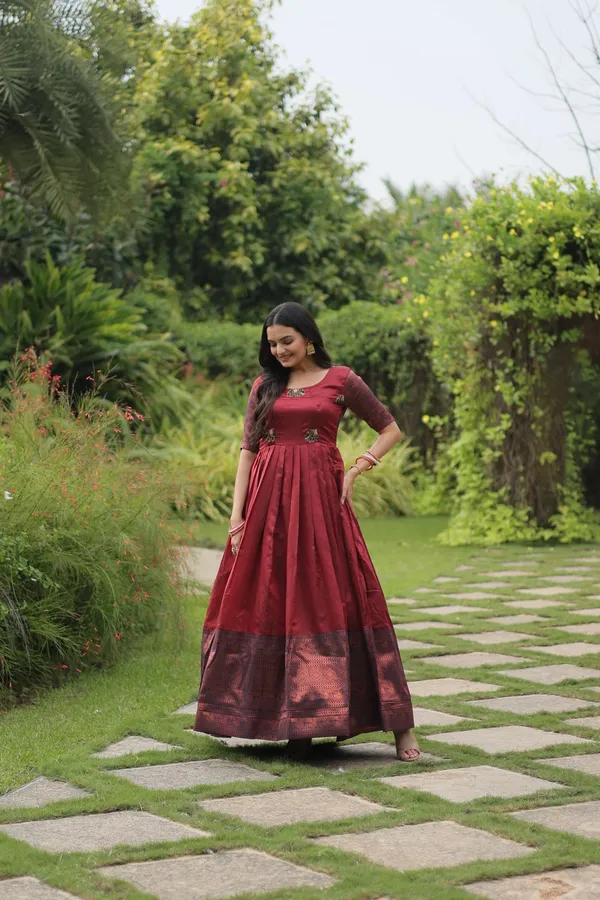 Maroon_Banarasi_Jacquard_Silk_Gown_Elegant_Free_Size_Designer_Party_Wedding_Wear