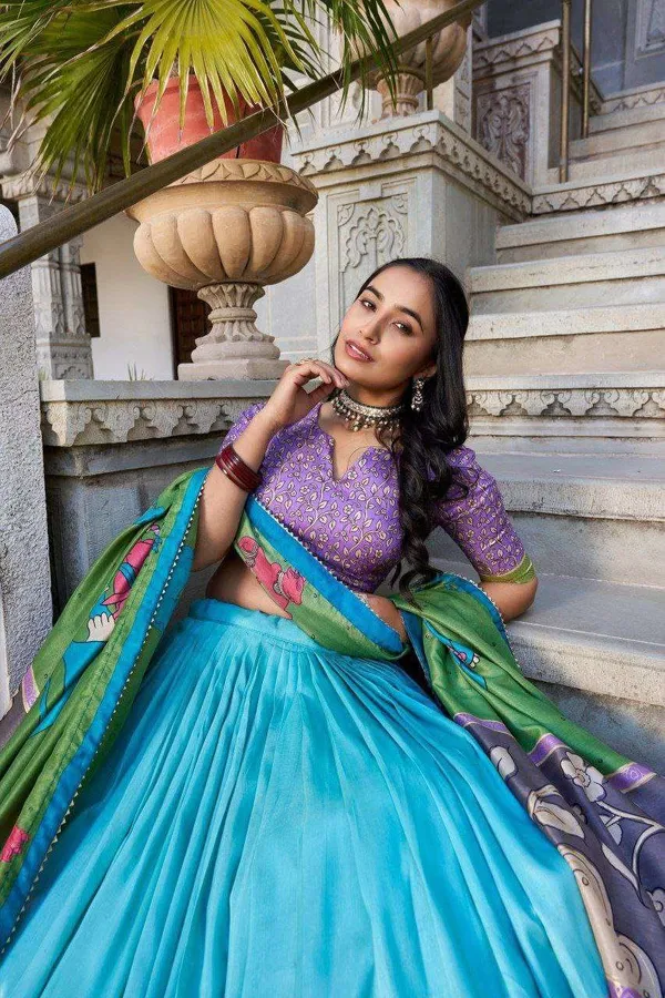 Sky_Blue_Tussar_Silk_Lehenga_Choli_With_Purple_Blouse_Kalamkari_Foil_Work_Wedding_Festive_Wear