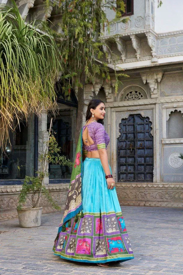Sky_Blue_Tussar_Silk_Lehenga_Choli_With_Purple_Blouse_Kalamkari_Foil_Work_Wedding_Festive_Wear