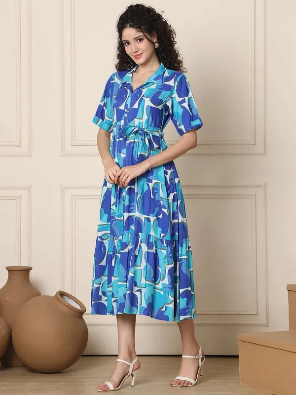 Women_S_Cotton_Printed_A_Line_Midi_Dress_Short_Sleeve_Flared_Gown_Dress_Navy_Blue