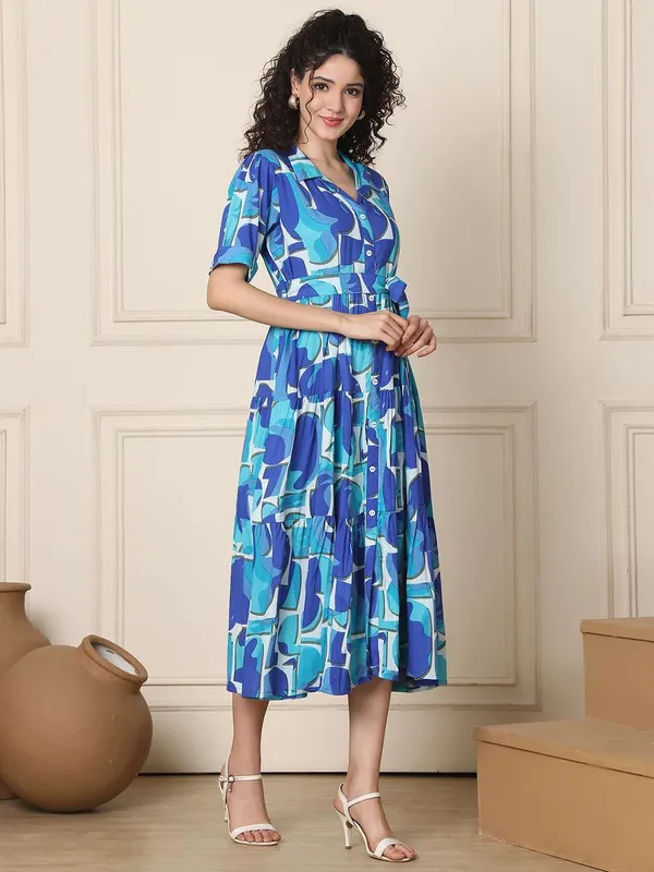 Women_S_Cotton_Printed_A_Line_Midi_Dress_Short_Sleeve_Flared_Gown_Dress_Navy_Blue