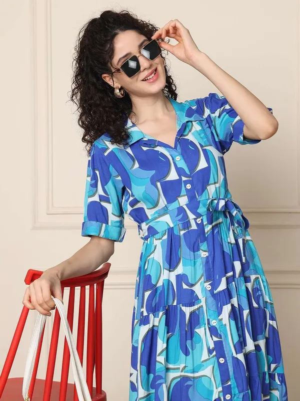 Women_S_Cotton_Printed_A_Line_Midi_Dress_Short_Sleeve_Flared_Gown_Dress_Navy_Blue