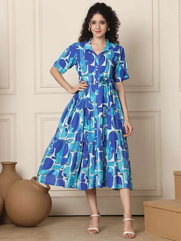 Women_S_Cotton_Printed_A_Line_Midi_Dress_Short_Sleeve_Flared_Gown_Dress_Navy_Blue