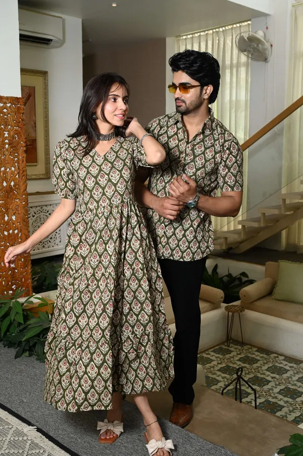 Couple_Matching_Green_Cotton_Anarkali_Midi_Dress_And_Shirt_Set_Ethnic_Motif_Print