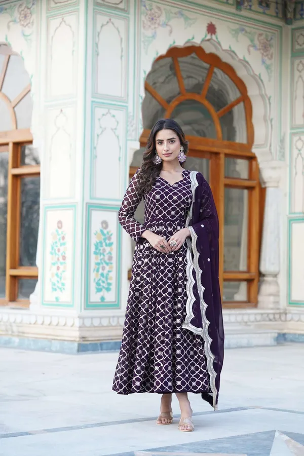 Wine_Faux_Blooming_Designer_Gown_With_Sequined_Dupatta_Elegant_Fully_Flared_Party_Wedding_Set