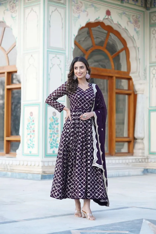 Wine_Faux_Blooming_Designer_Gown_With_Sequined_Dupatta_Elegant_Fully_Flared_Party_Wedding_Set