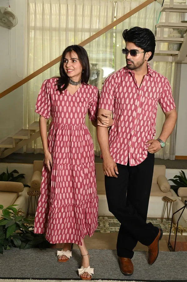 Couple_Matching_Pink_Cotton_Anarkali_Midi_Dress_And_Shirt_Set_White_Handblock_Leaf_Print
